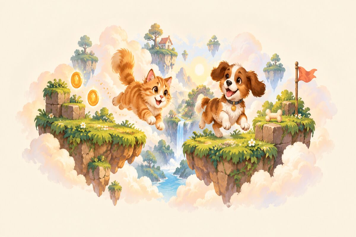 Illustration: a cat and a dog as heroes of a tiny 2D game world with floating islands, coins and treats