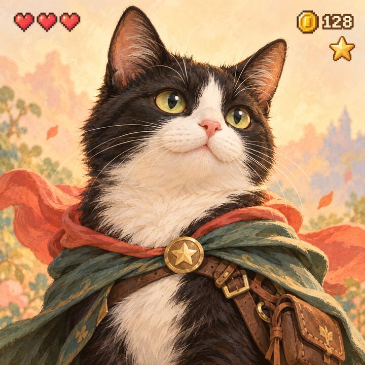 Concept art: a tuxedo cat portrait framed by a game screen with hearts and a coin counter