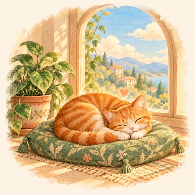 Illustration: an orange cat asleep on a cushion by a window