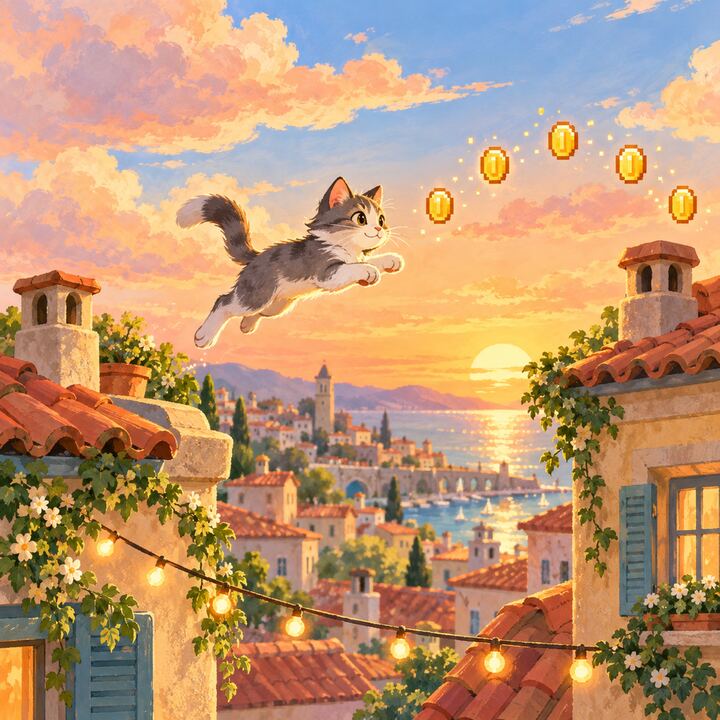 Concept art: a grey and white cat jumping between rooftops at sunset, collecting coins