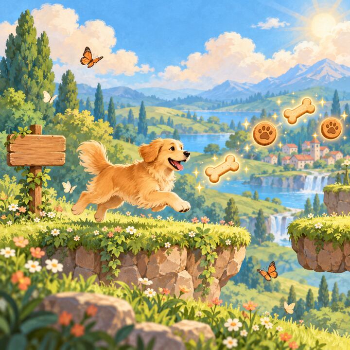 Concept art: a fluffy dog running through a meadow level collecting treats